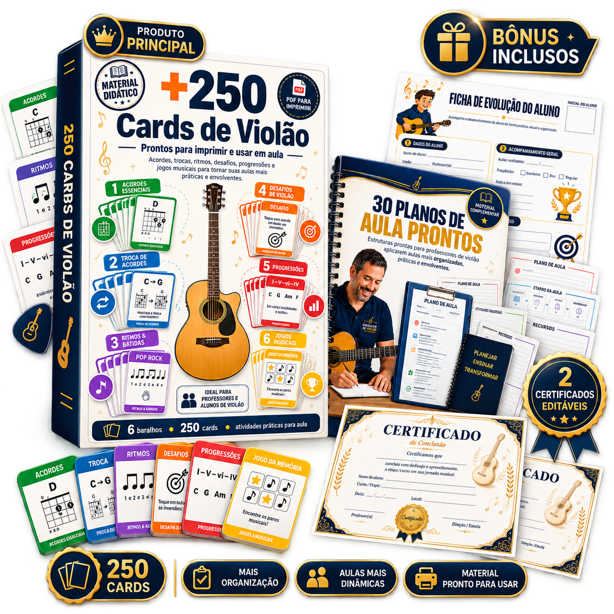 Kit completo com +250 cards de violão, planos de aula, ficha de evolução e certificados